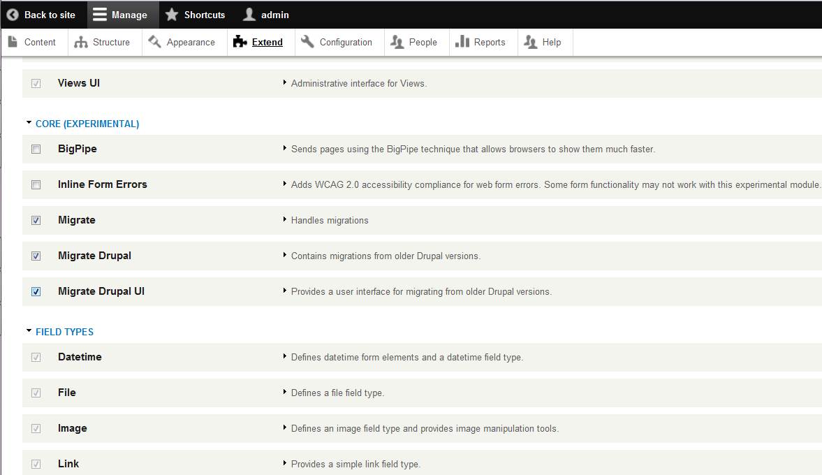 Установка модулей Migrate, Migrate Drupal, Migrate Drupal UI